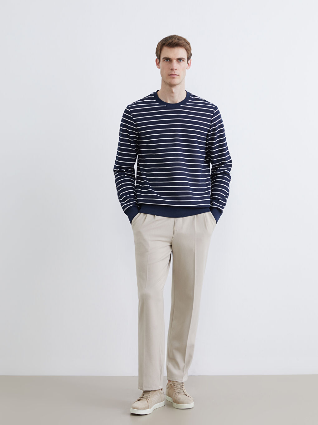 Lacivert Bisiklet Yaka Çizgili Erkek Sweatshirt-1