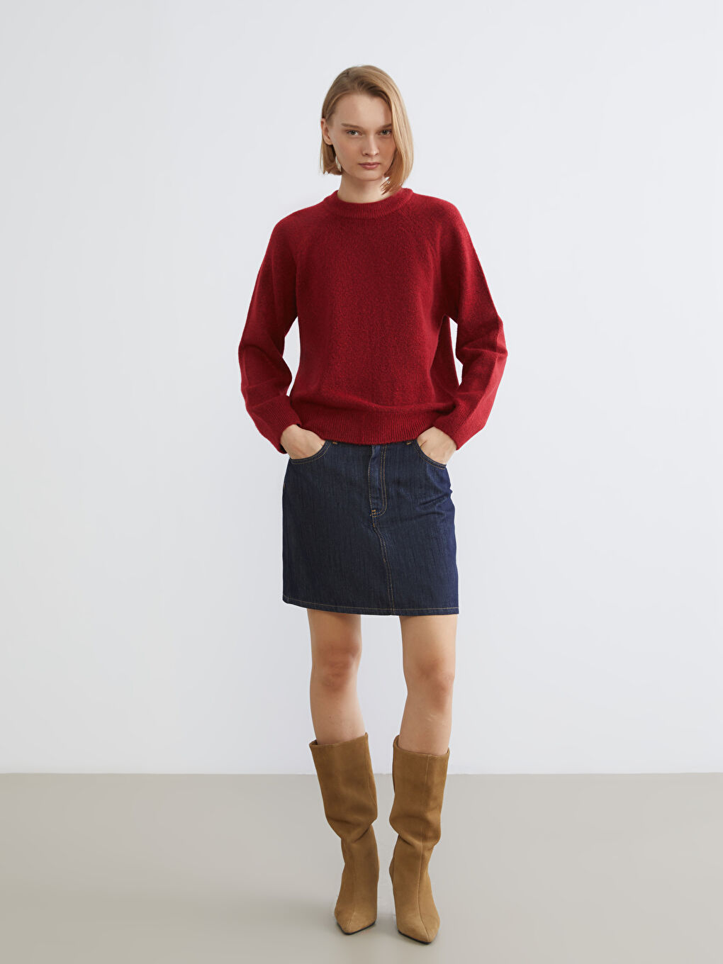 Kırmızı Bisiklet Yaka Kadın Triko Kazak-1