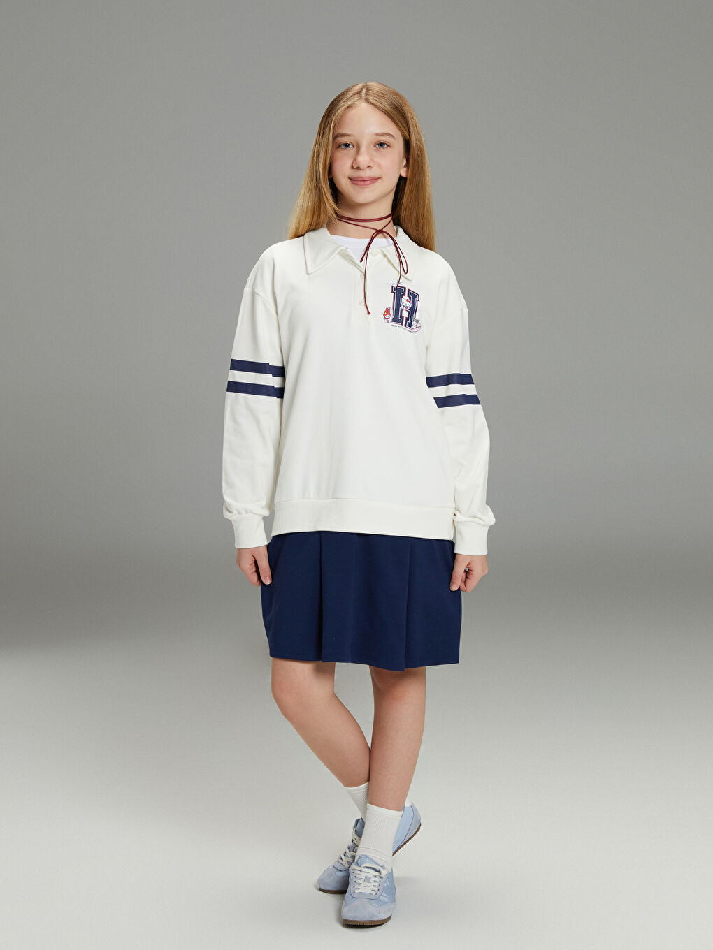 Ekru Polo Yaka Hello Kitty Baskılı Kız Çocuk Elbise-1