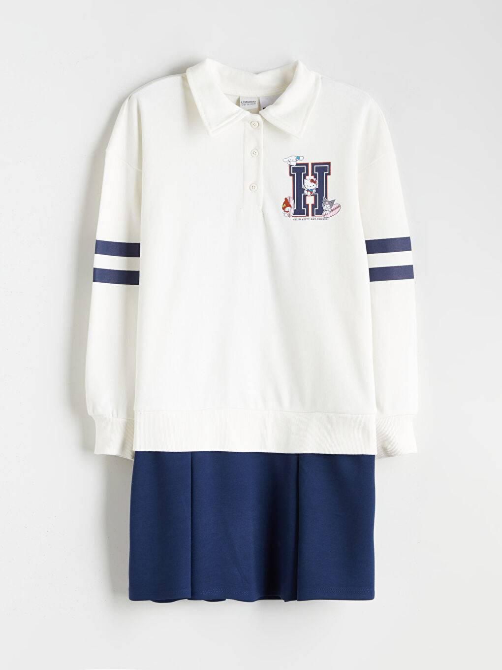 Ekru Polo Yaka Hello Kitty Baskılı Kız Çocuk Elbise-3
