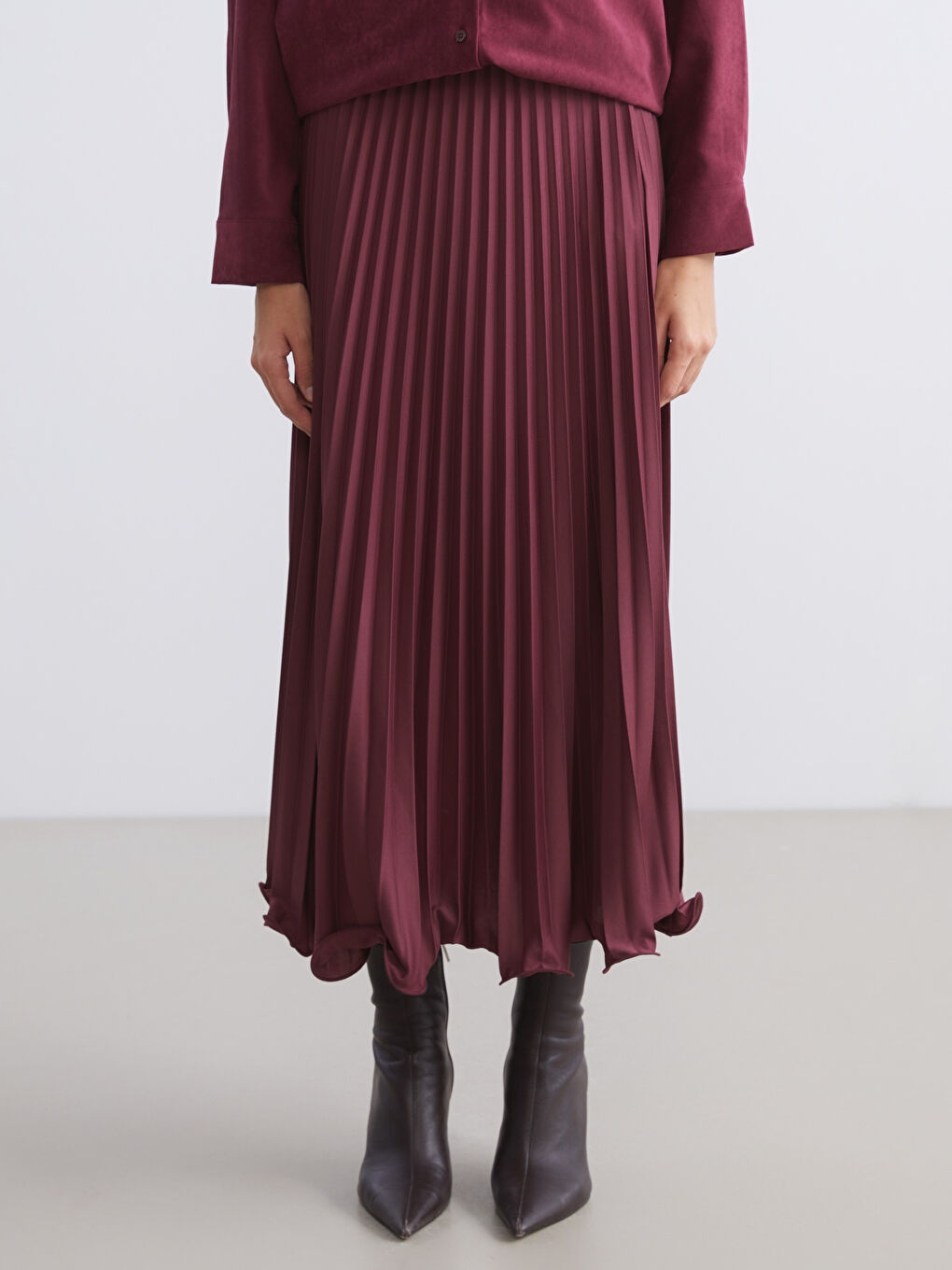 Bordo Beli Lastikli Şifon Pileli Etek-1