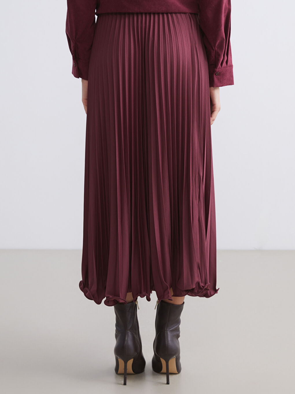 Bordo Beli Lastikli Şifon Pileli Etek-3