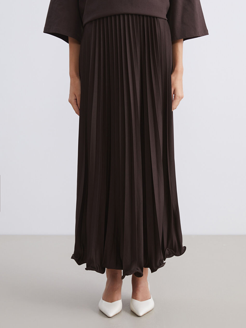 Kahverengi Beli Lastikli Şifon Pileli Etek-1