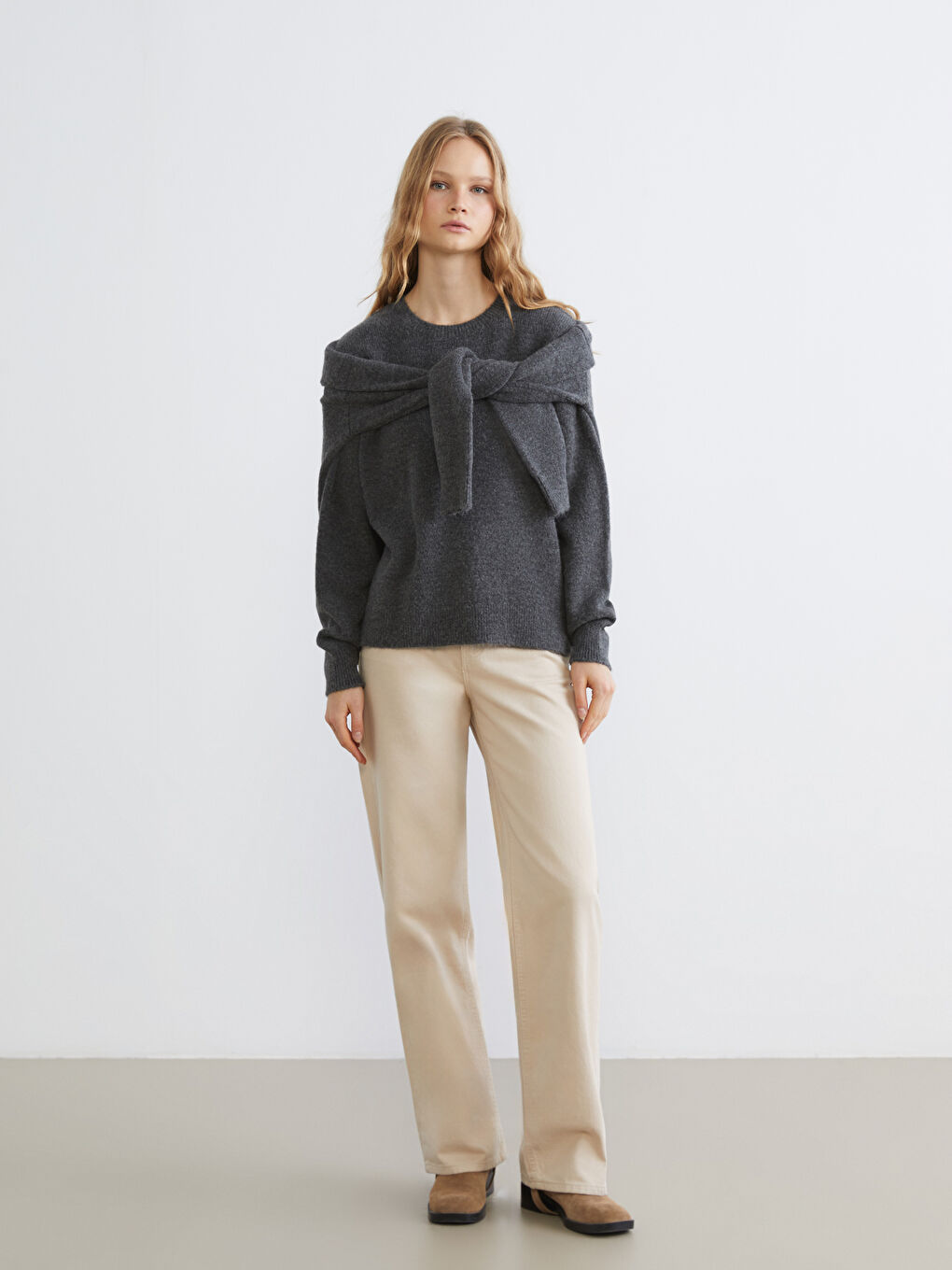 Antrasit Bisiklet Yaka Oversize Kadın Triko Kazak-1