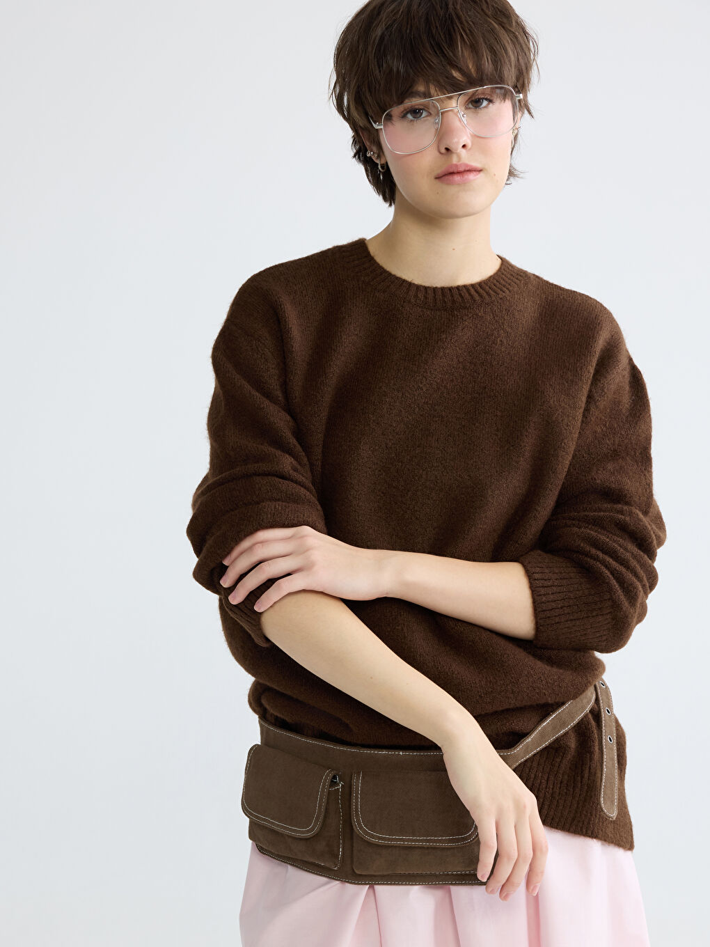 Kahverengi Bisiklet Yaka Oversize Kadın Triko Kazak