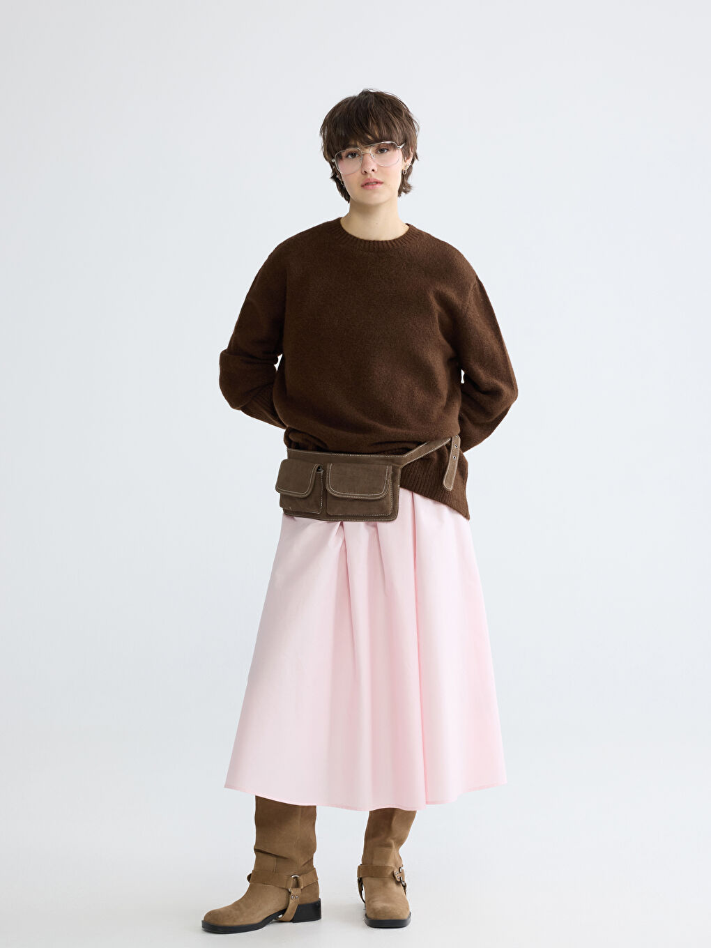 Kahverengi Bisiklet Yaka Oversize Kadın Triko Kazak-1