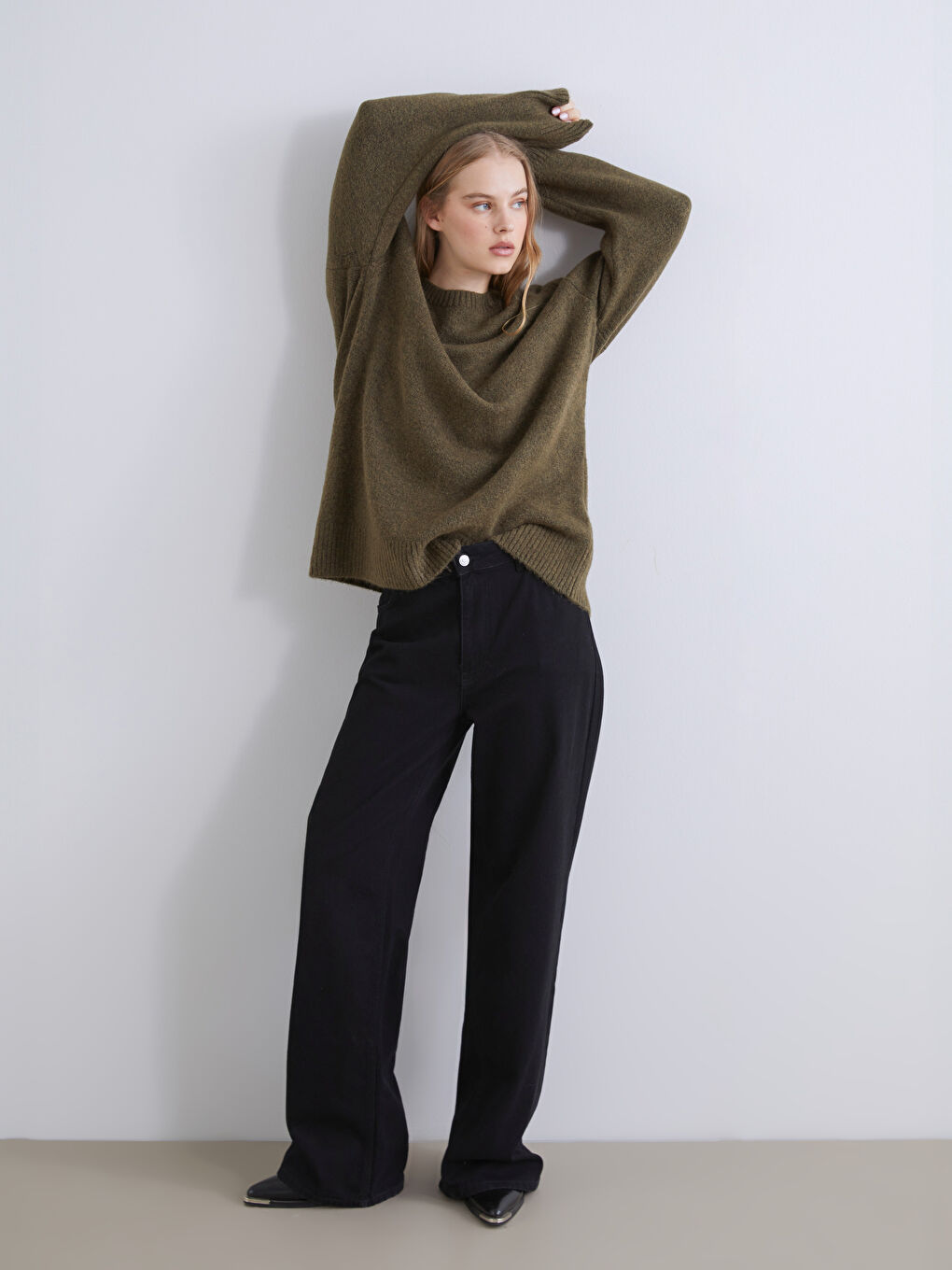 Haki Bisiklet Yaka Oversize Kadın Triko Kazak-1