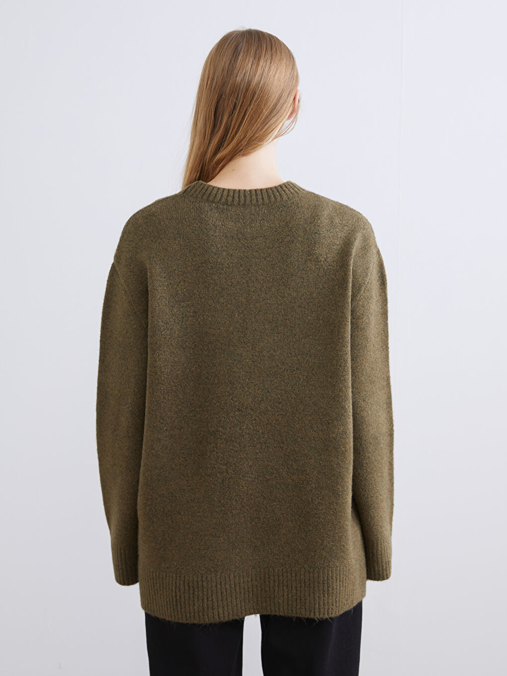 Haki Bisiklet Yaka Oversize Kadın Triko Kazak-3