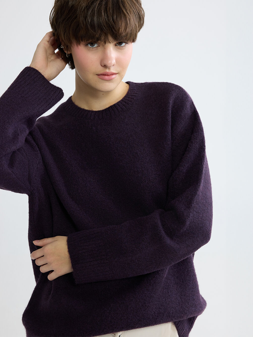 Mor Bisiklet Yaka Oversize Kadın Triko Kazak