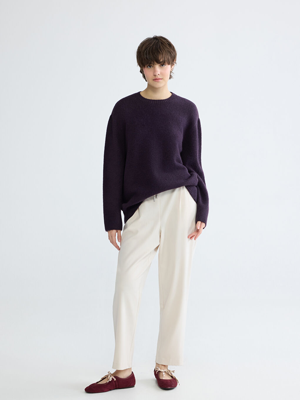 Mor Bisiklet Yaka Oversize Kadın Triko Kazak-1