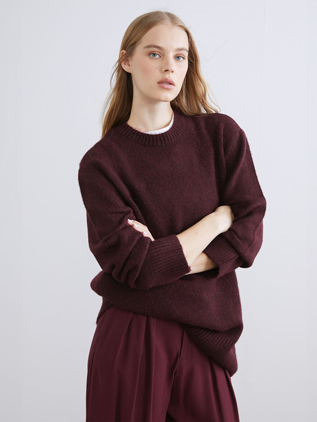 Bordo Bisiklet Yaka Oversize Kadın Triko Kazak