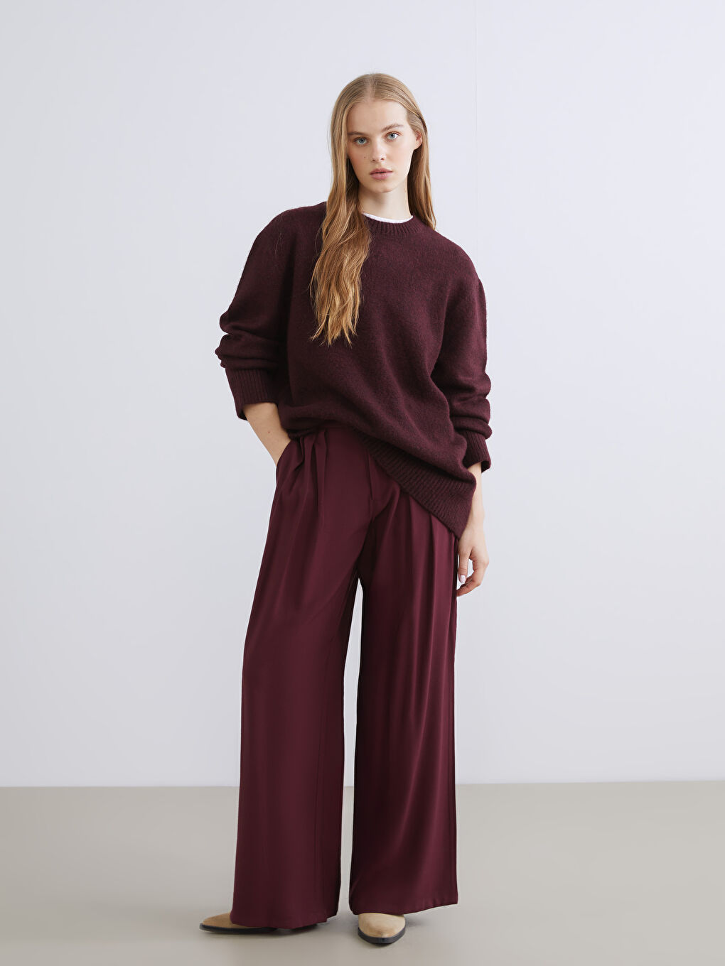 Bordo Bisiklet Yaka Oversize Kadın Triko Kazak-1