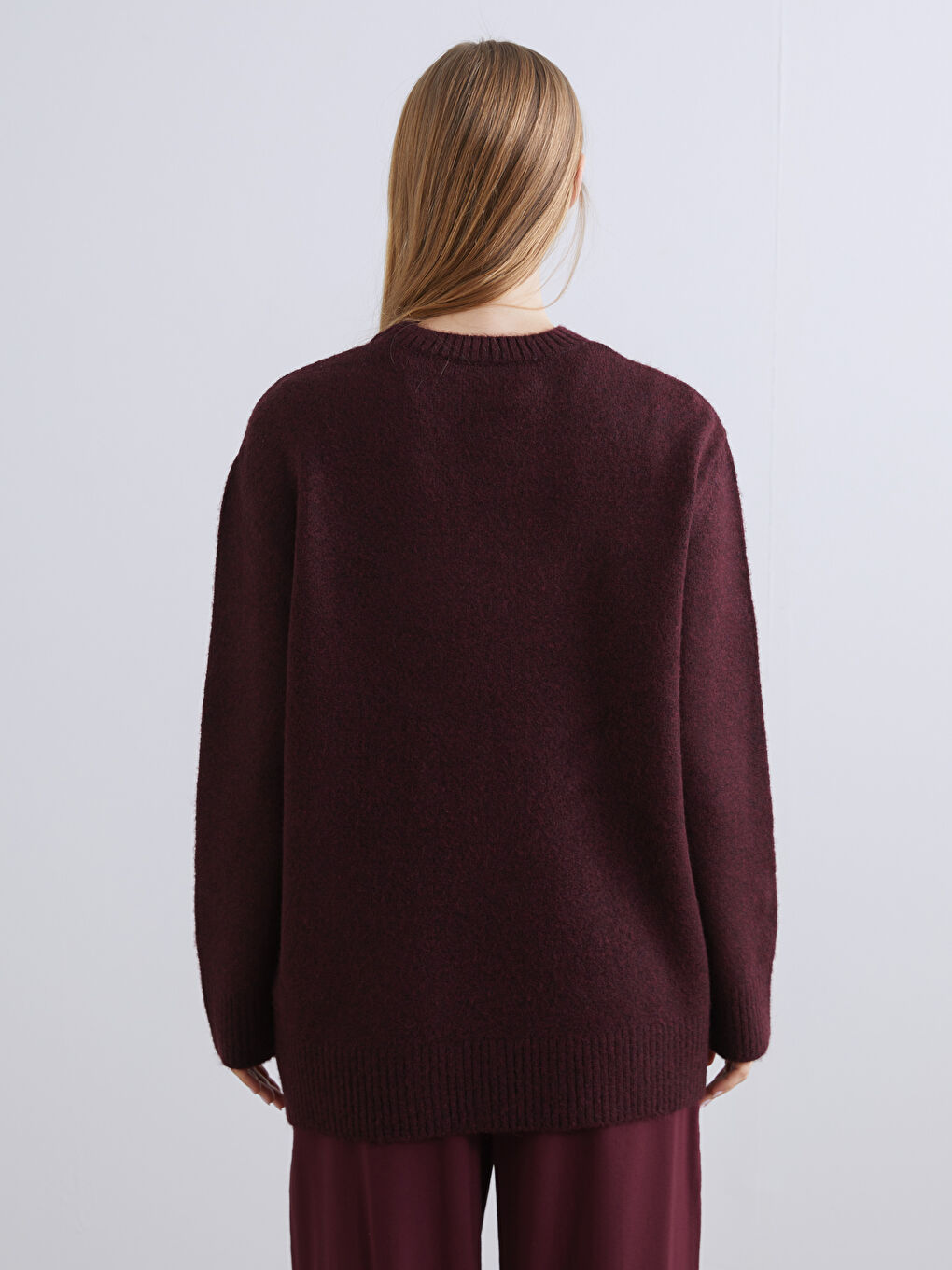 Bordo Bisiklet Yaka Oversize Kadın Triko Kazak-3