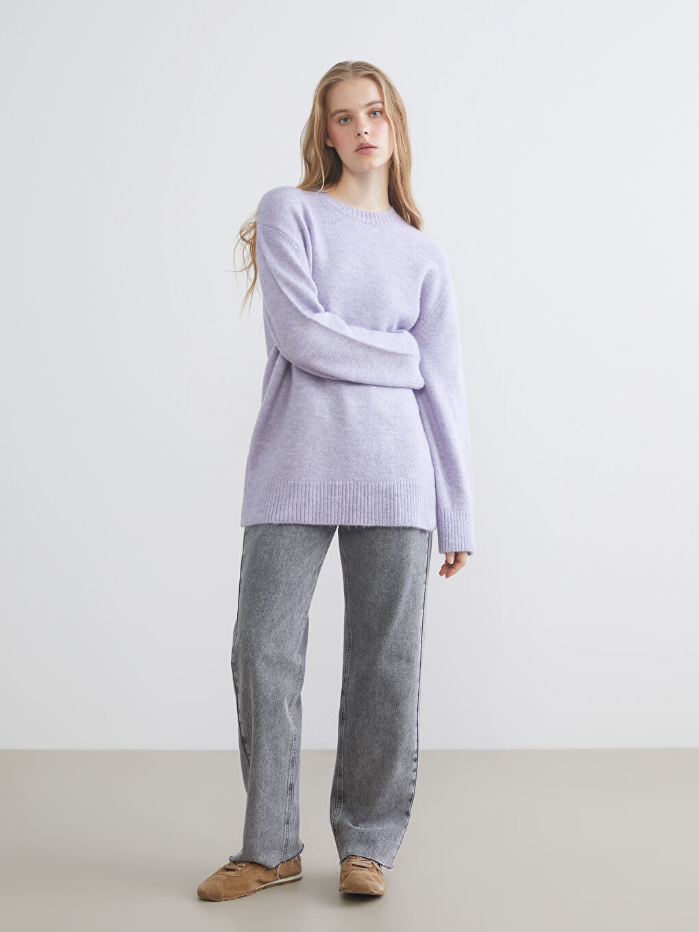 Lila Bisiklet Yaka Oversize Kadın Triko Kazak-1