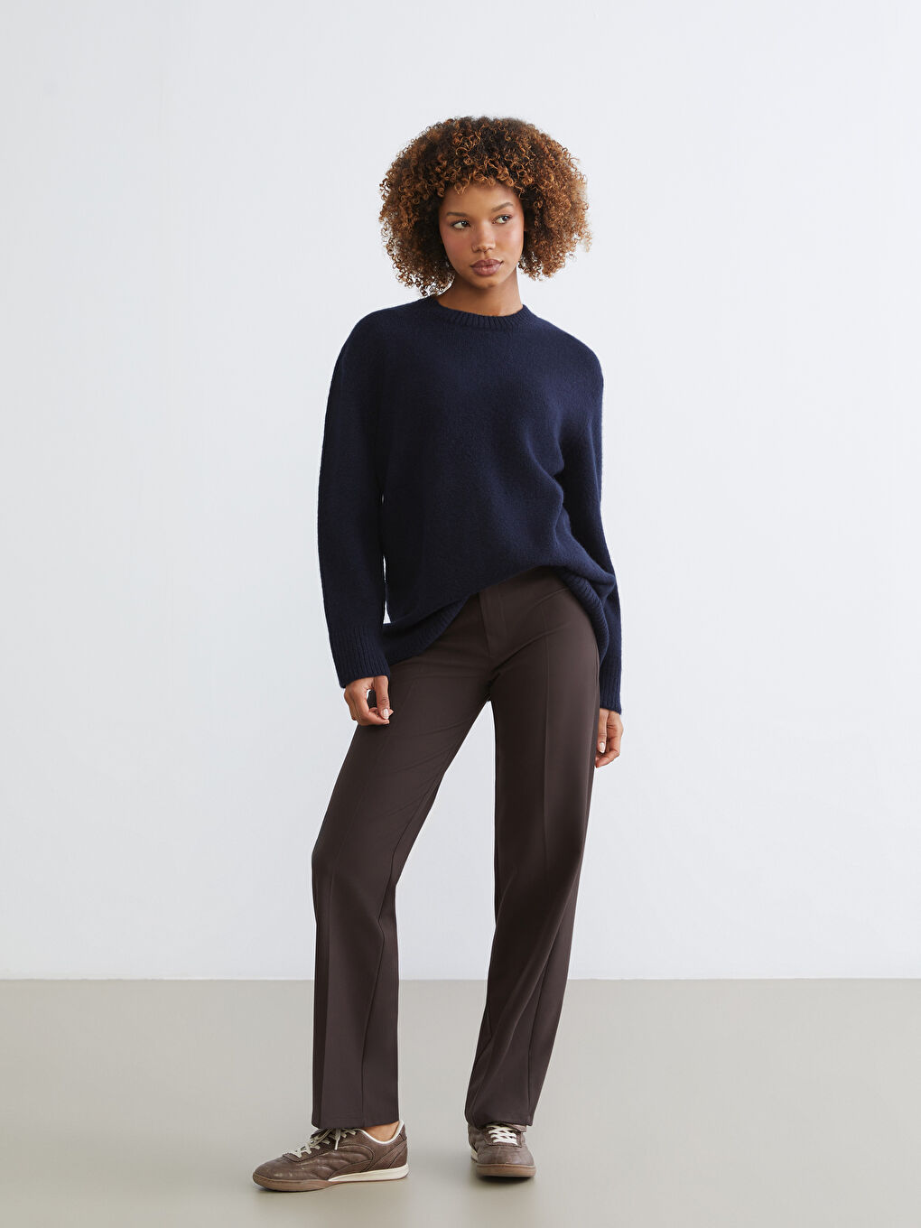 Lacivert Bisiklet Yaka Oversize Kadın Triko Kazak-1