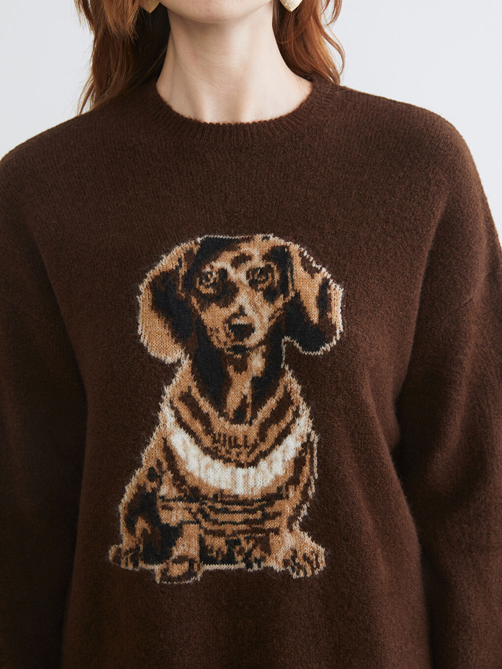 Kahverengi Köpek Desenli Oversize Kadın Triko Kazak-2