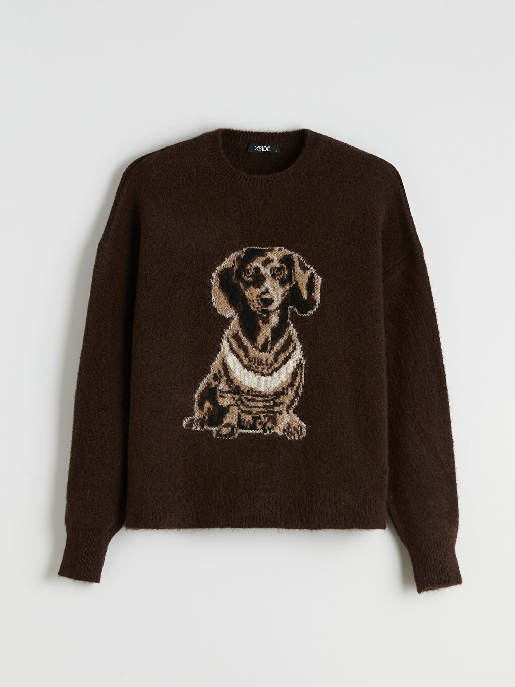 Kahverengi Köpek Desenli Oversize Kadın Triko Kazak-4