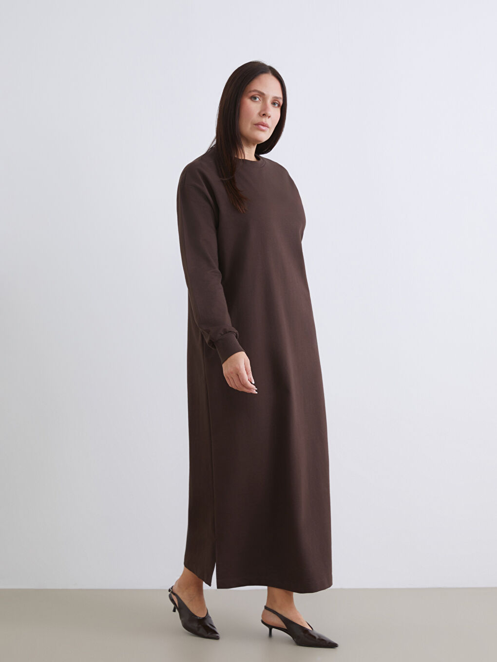 Kahverengi Bisiklet Yaka Sweat Elbise-1