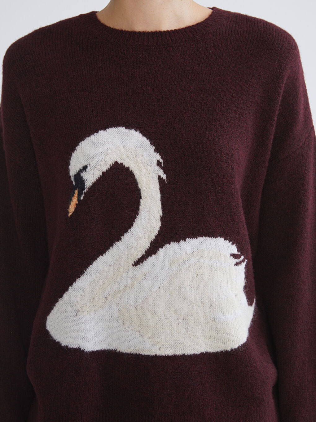 Mürdüm Kuğu Desenli Oversize Kadın Triko Kazak-2