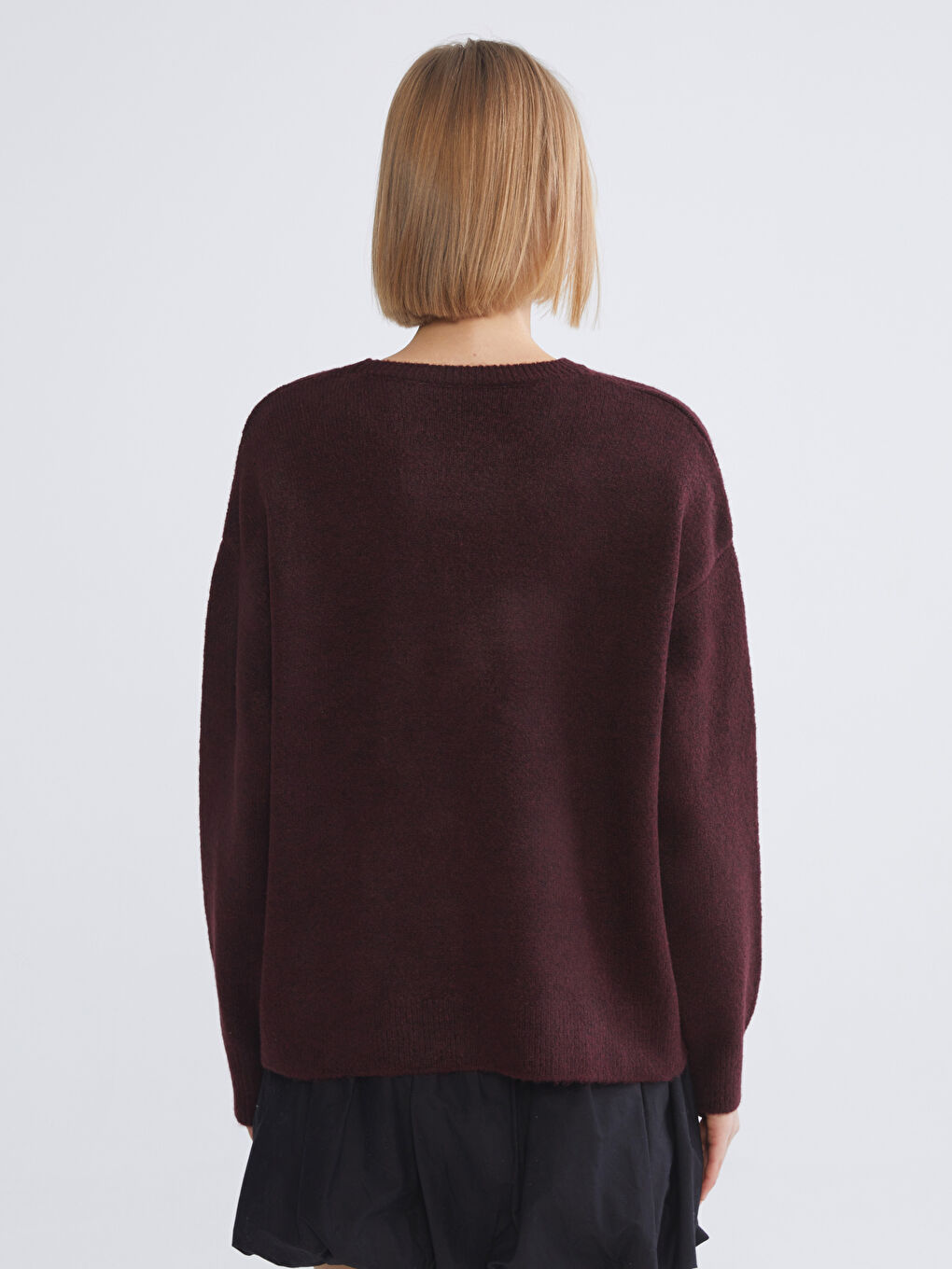 Mürdüm Kuğu Desenli Oversize Kadın Triko Kazak-3