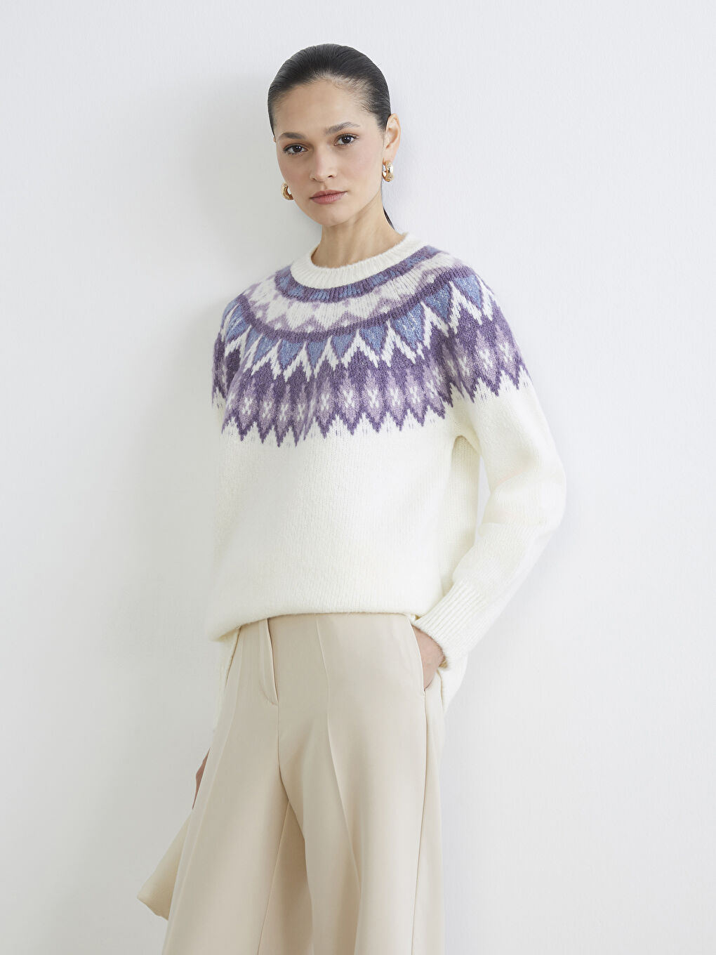 Karışık Bisiklet Yaka Desenli Kadın Triko Kazak