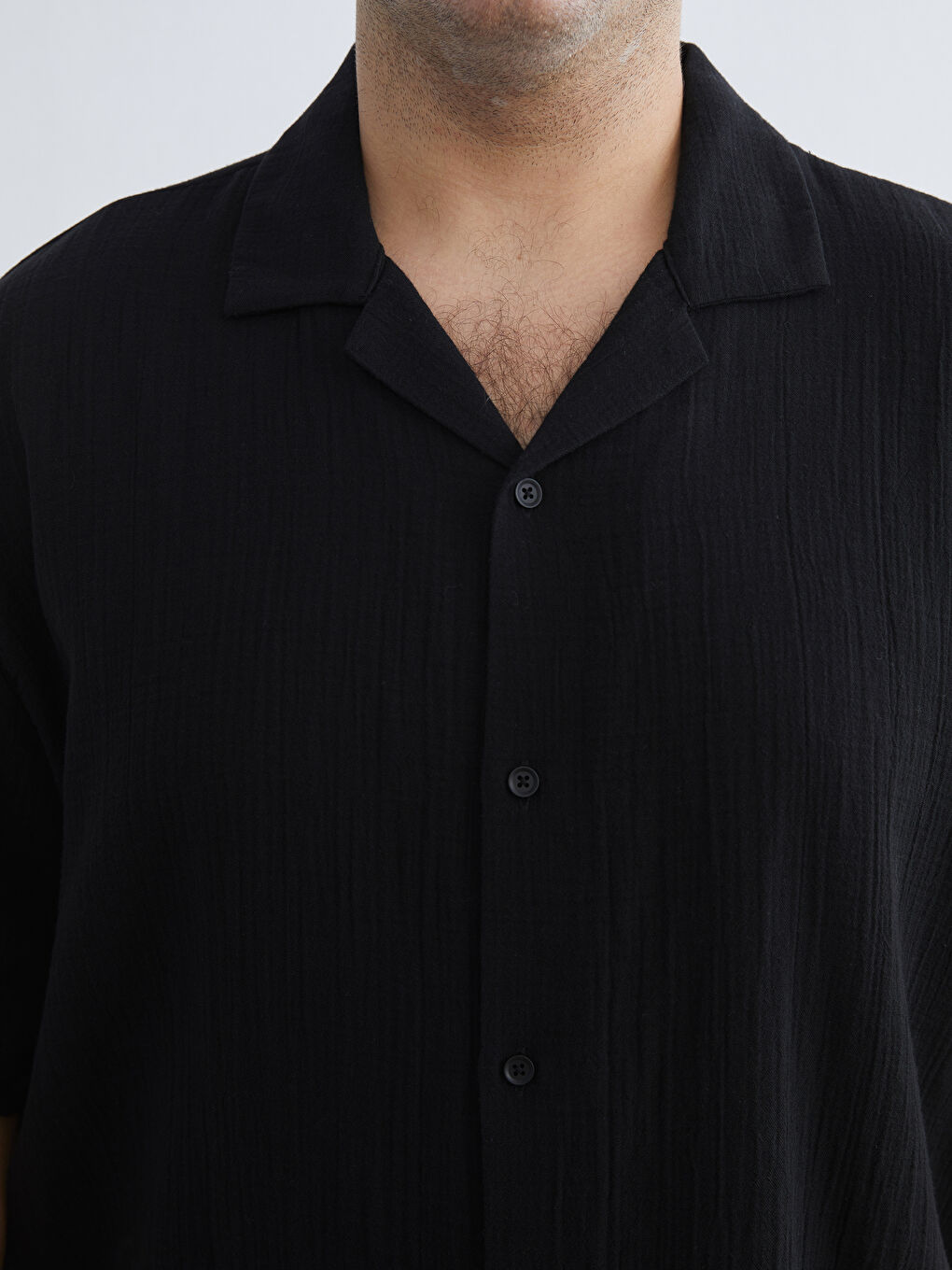 Siyah Büyük Beden Resort Yaka Kısa Kollu Müslin Erkek Gömlek-6