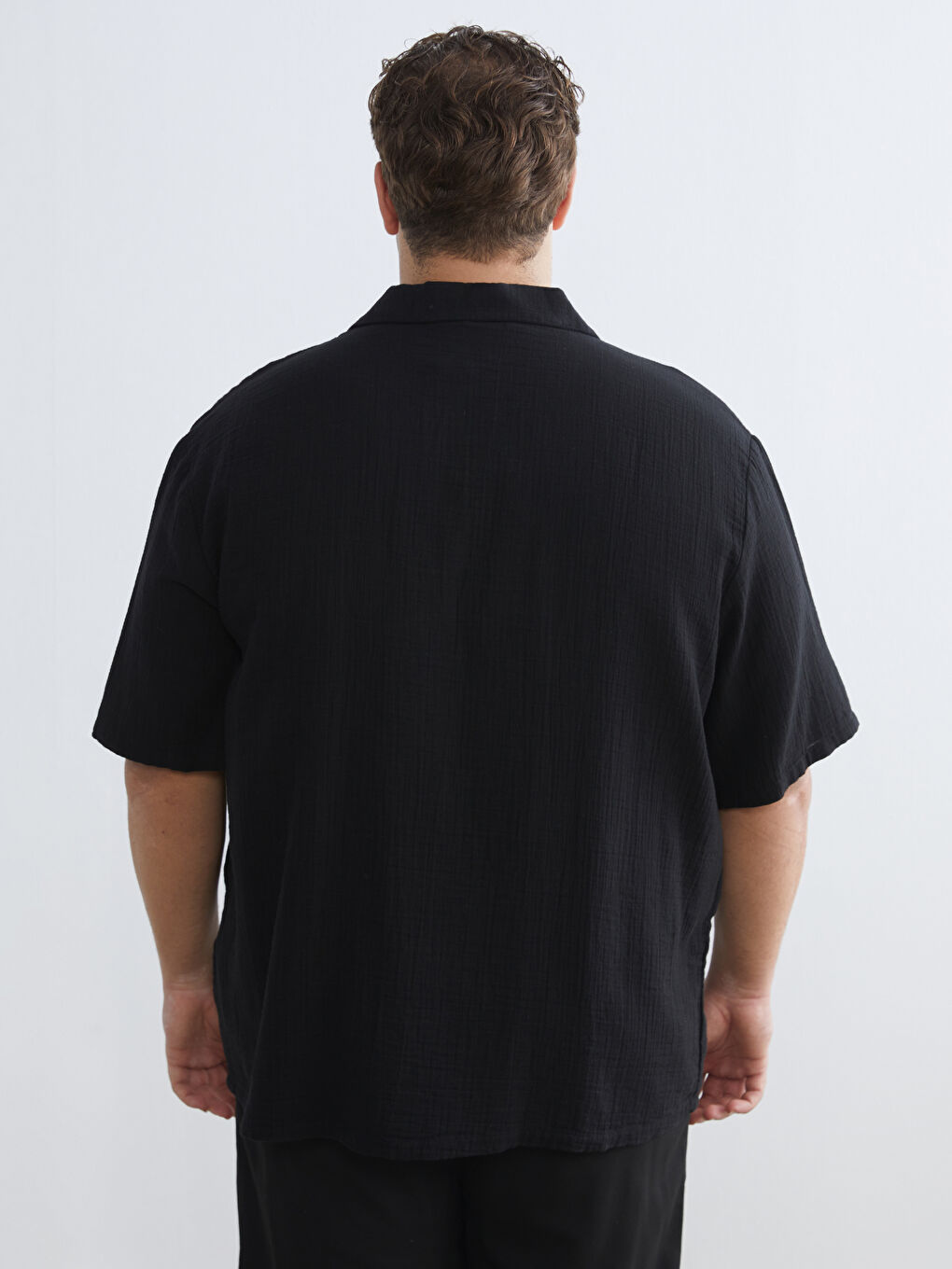 Siyah Büyük Beden Resort Yaka Kısa Kollu Müslin Erkek Gömlek-7