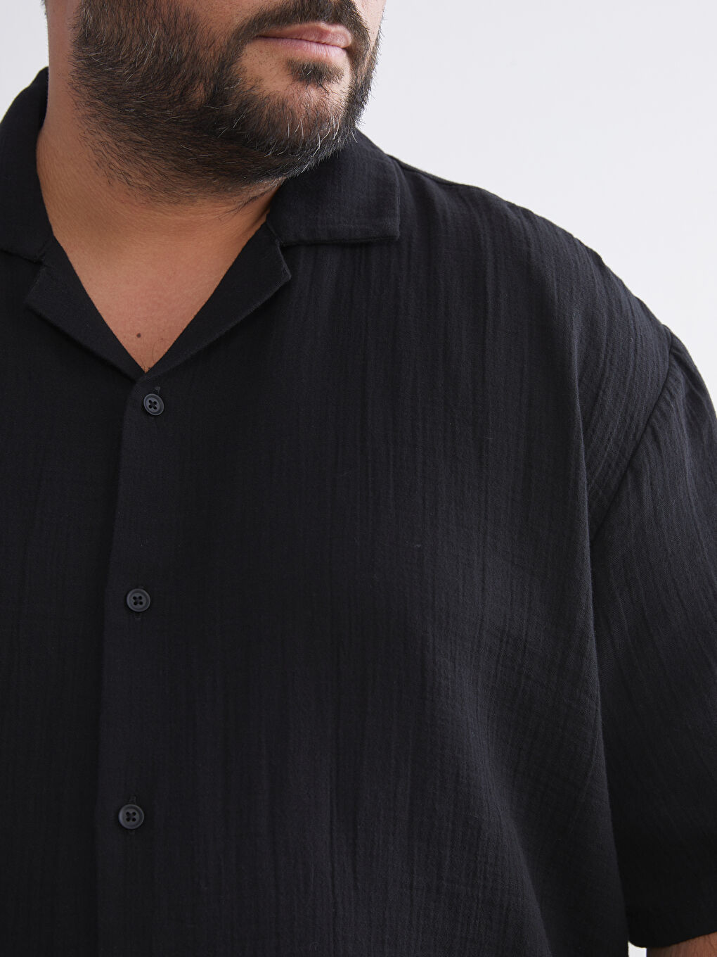 Siyah Büyük Beden Resort Yaka Kısa Kollu Müslin Erkek Gömlek-3