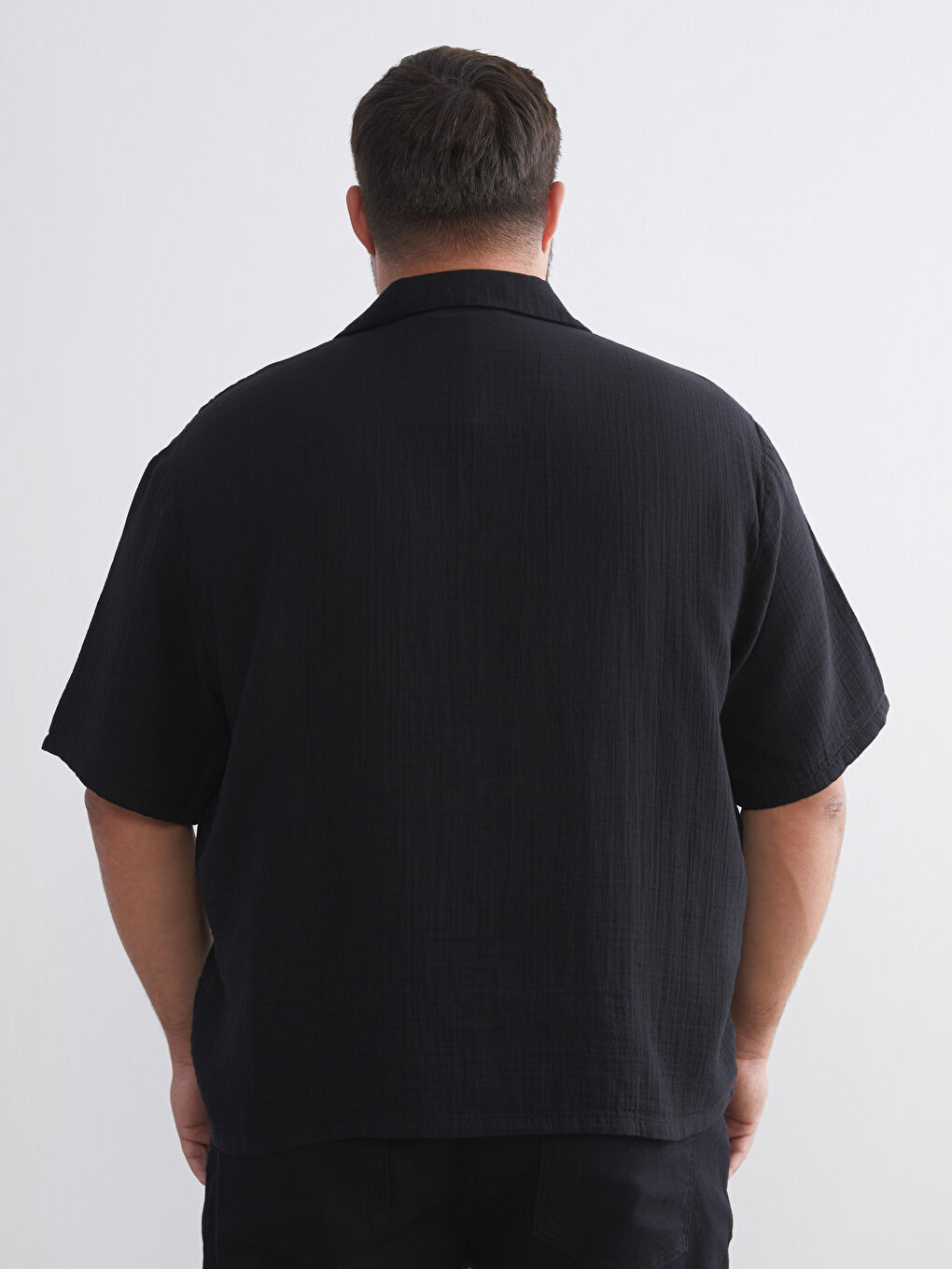 Siyah Büyük Beden Resort Yaka Kısa Kollu Müslin Erkek Gömlek-4