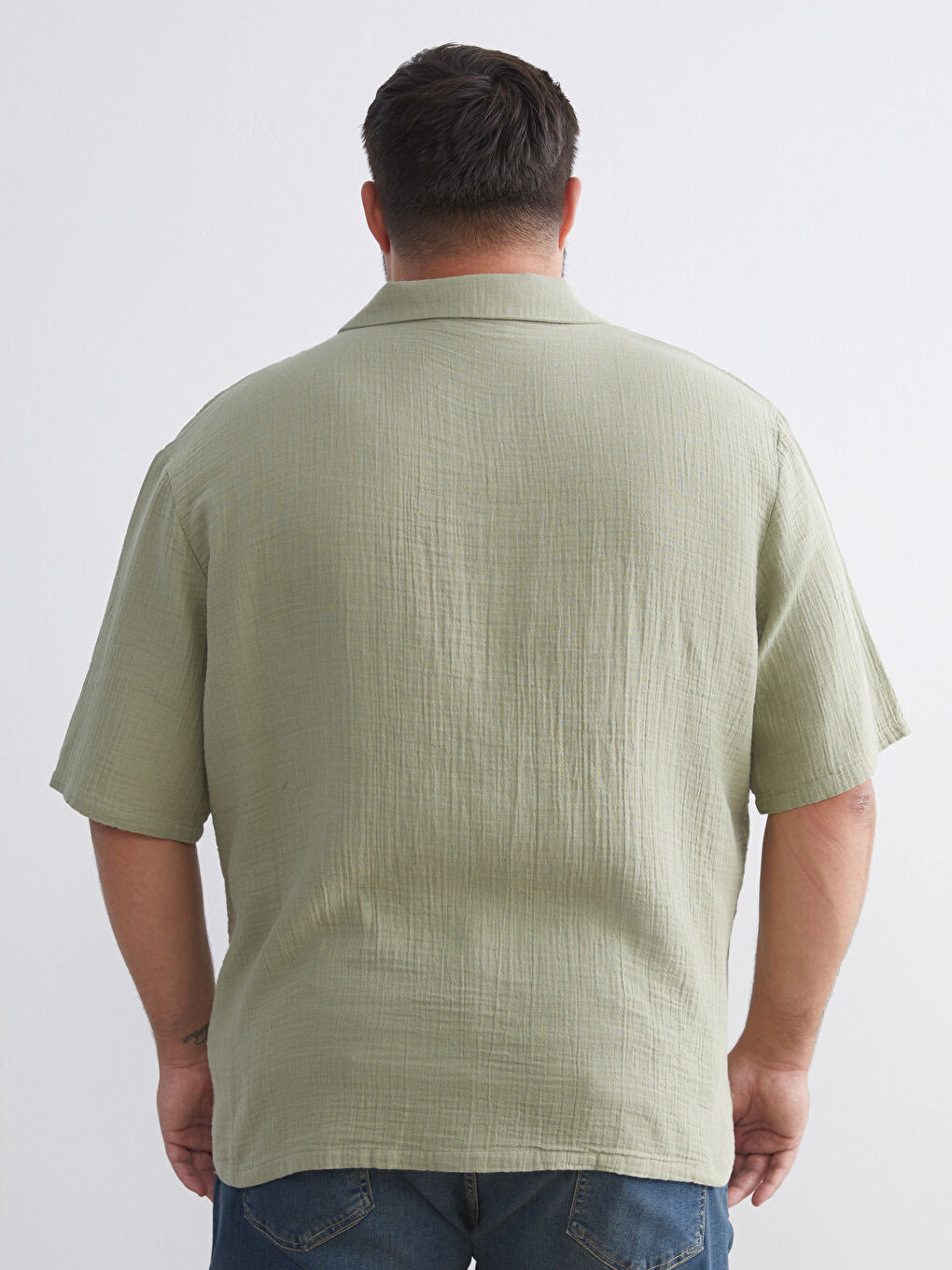 Large Size Men's Short Sleeve Muslin Resort Collar Shirt-3