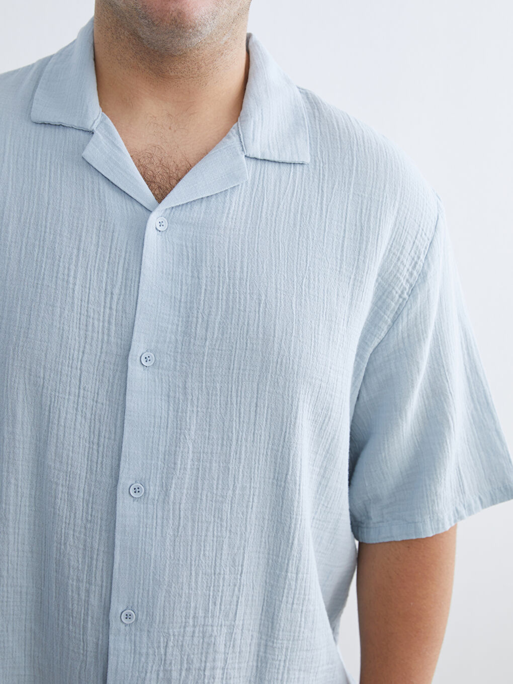 Mavi Büyük Beden Resort Yaka Kısa Kollu Müslin Erkek Gömlek-6