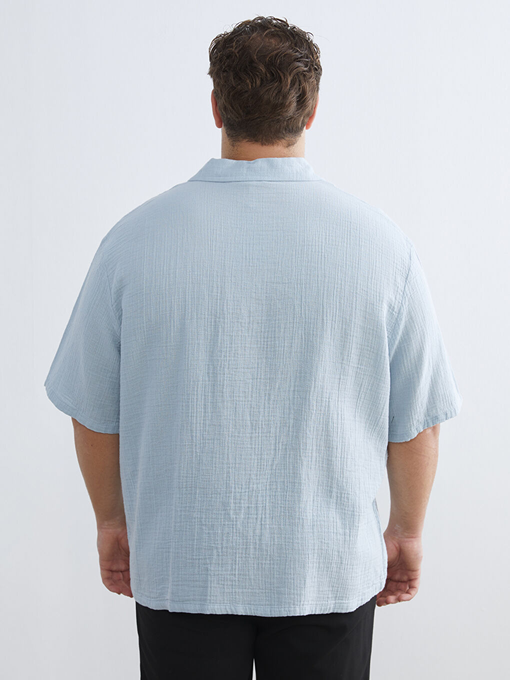 Mavi Büyük Beden Resort Yaka Kısa Kollu Müslin Erkek Gömlek-7