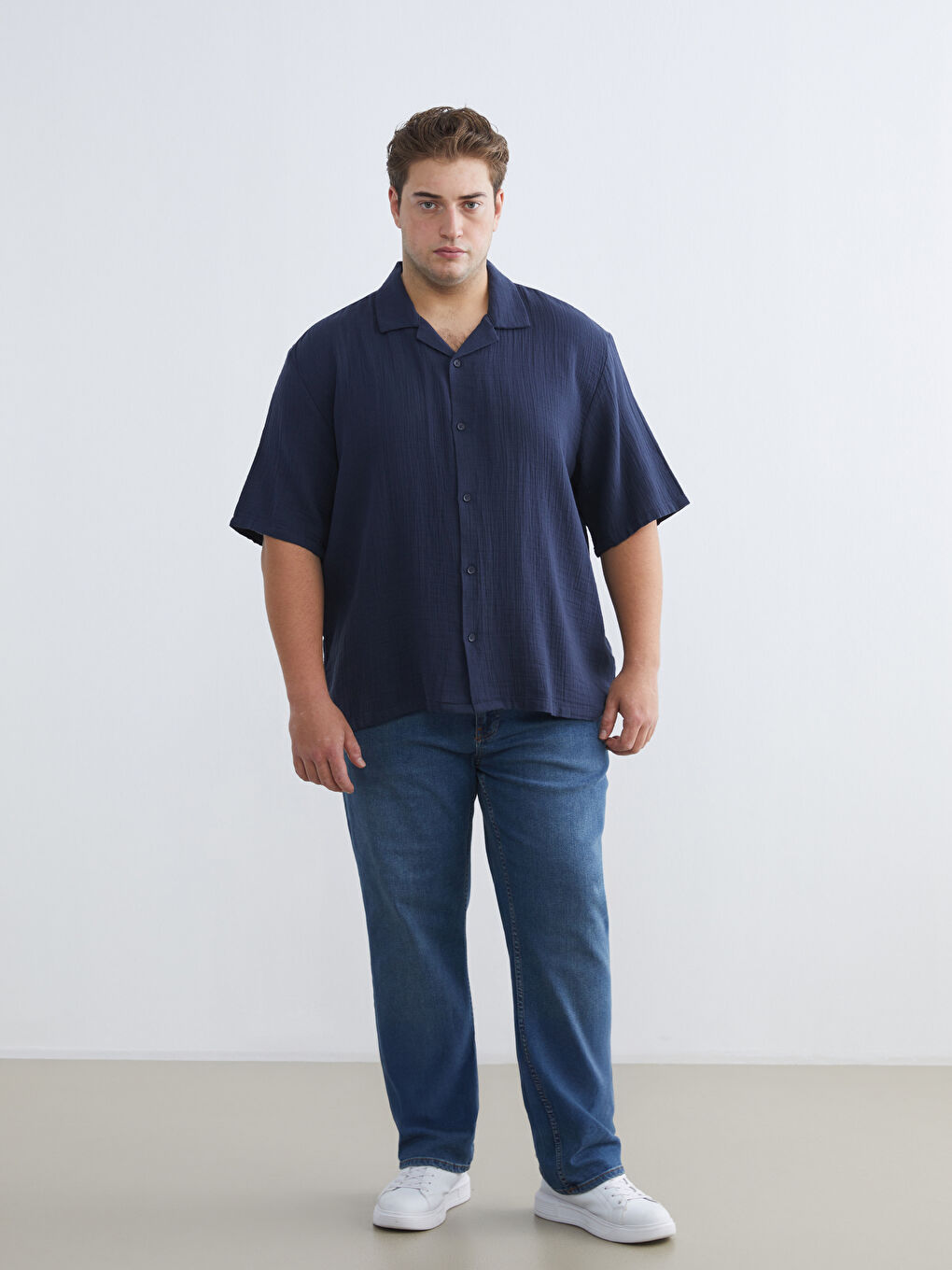 Lacivert Büyük Beden Resort Yaka Kısa Kollu Müslin Erkek Gömlek-5