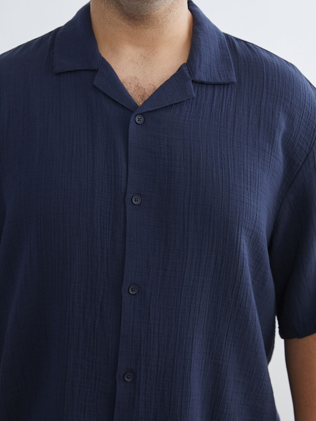 Lacivert Büyük Beden Resort Yaka Kısa Kollu Müslin Erkek Gömlek-6