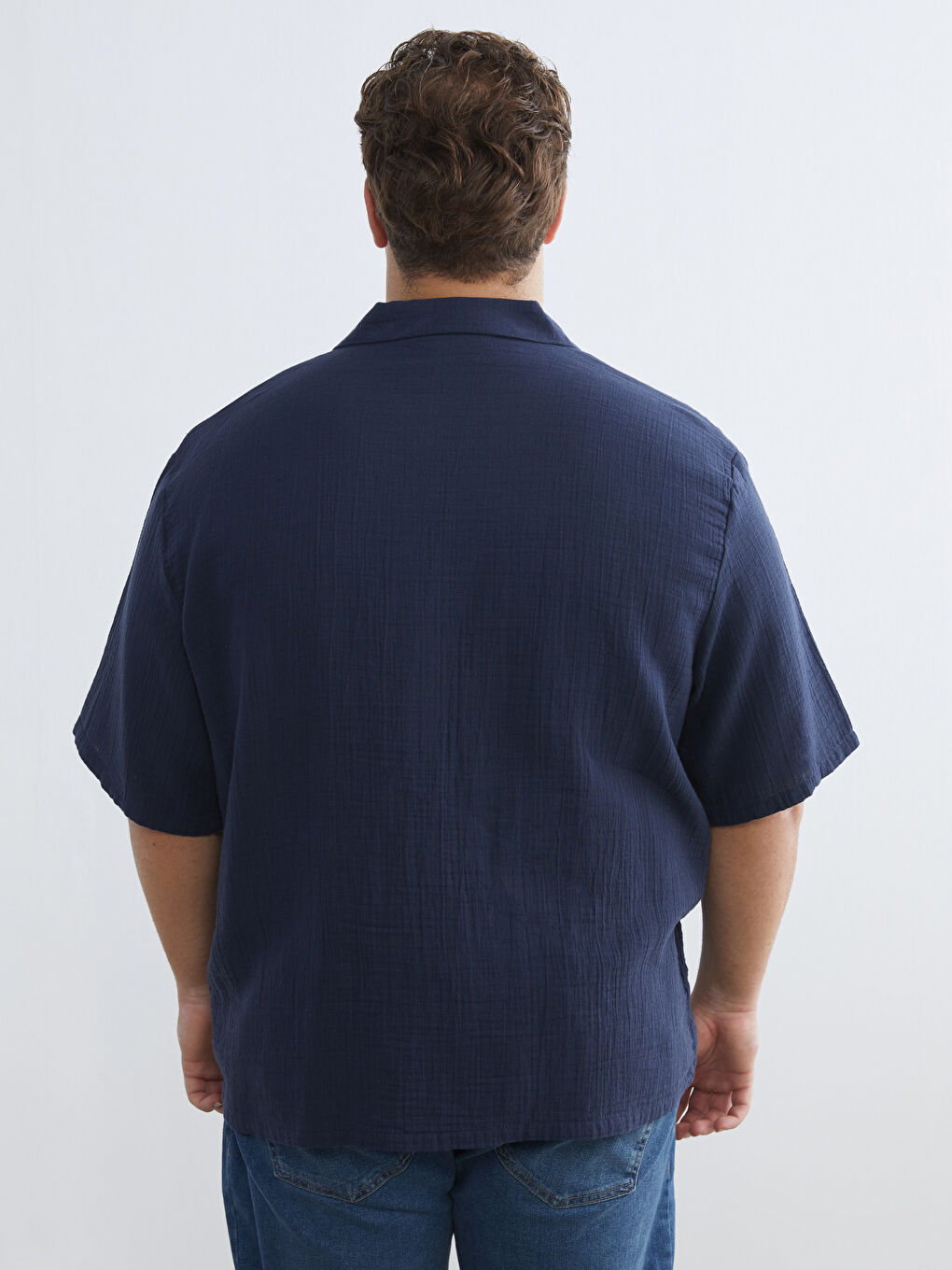 Lacivert Büyük Beden Resort Yaka Kısa Kollu Müslin Erkek Gömlek-7