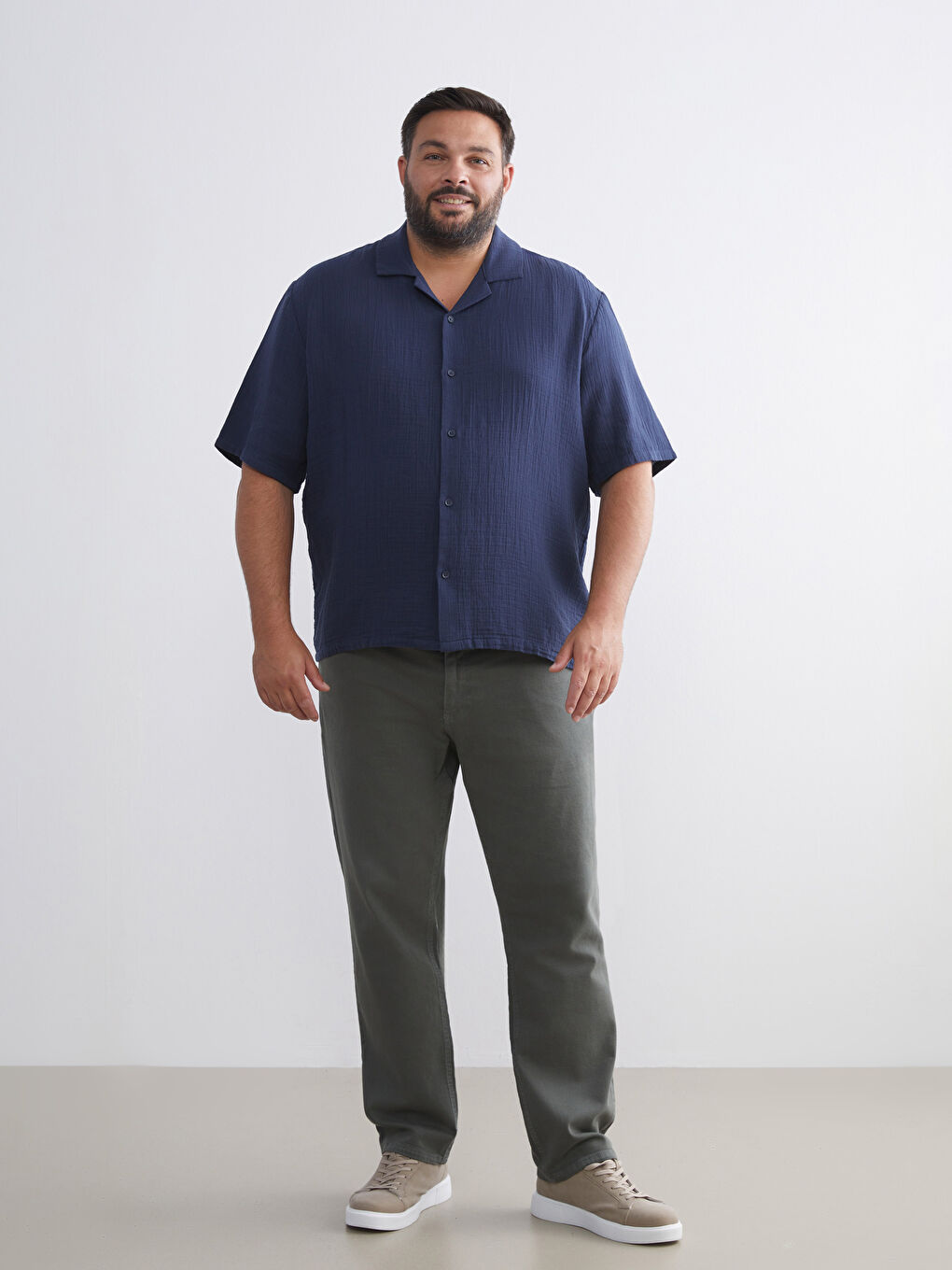 Lacivert Büyük Beden Resort Yaka Kısa Kollu Müslin Erkek Gömlek-2
