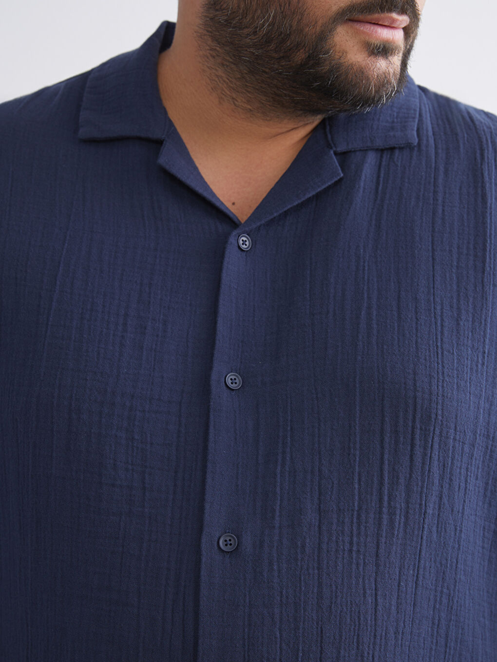 Lacivert Büyük Beden Resort Yaka Kısa Kollu Müslin Erkek Gömlek-3