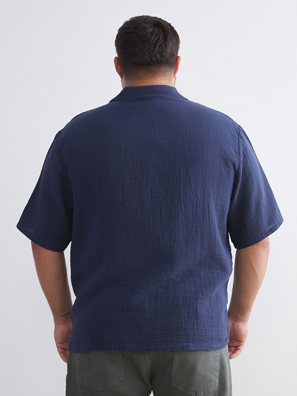 Lacivert Büyük Beden Resort Yaka Kısa Kollu Müslin Erkek Gömlek-4