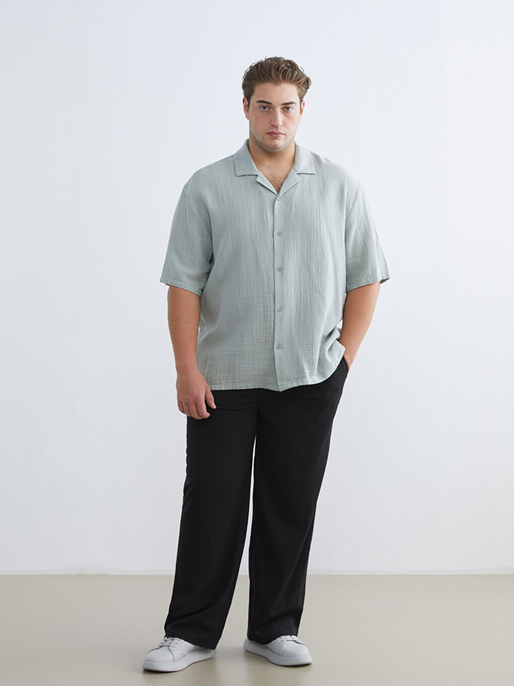 Yeşil Büyük Beden Resort Yaka Kısa Kollu Müslin Erkek Gömlek-5