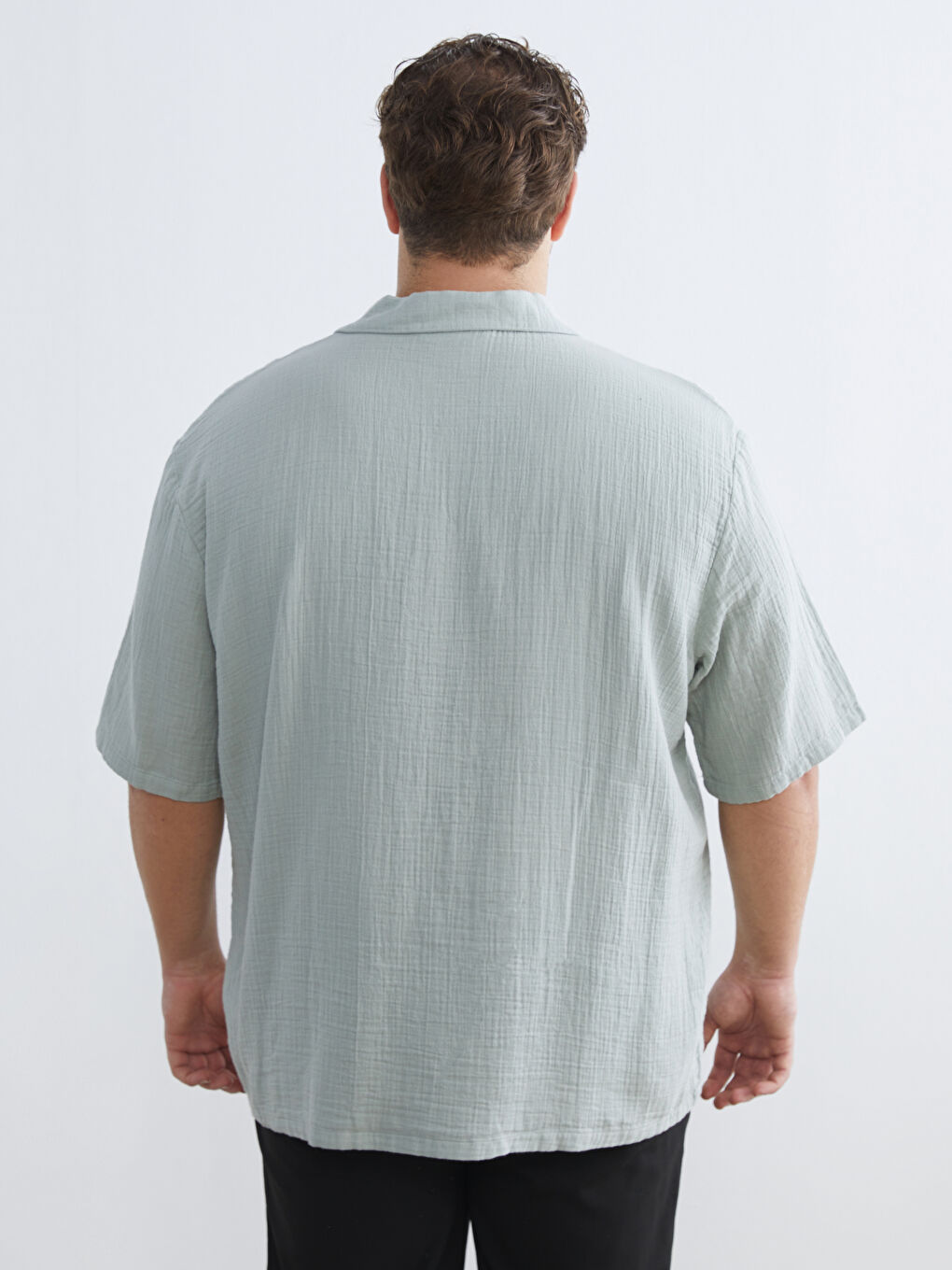 Yeşil Büyük Beden Resort Yaka Kısa Kollu Müslin Erkek Gömlek-7