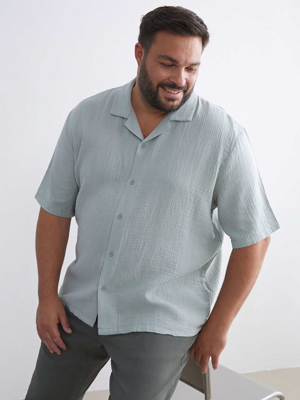 Yeşil Büyük Beden Resort Yaka Kısa Kollu Müslin Erkek Gömlek