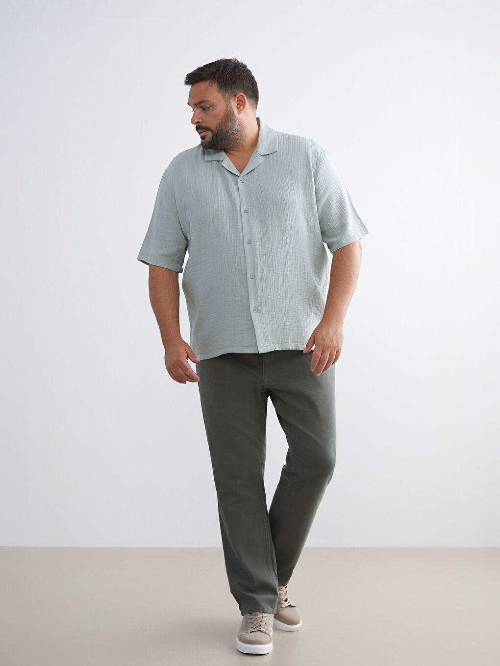 Yeşil Büyük Beden Resort Yaka Kısa Kollu Müslin Erkek Gömlek-2