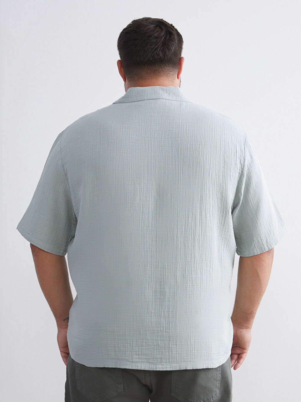 Yeşil Büyük Beden Resort Yaka Kısa Kollu Müslin Erkek Gömlek-4