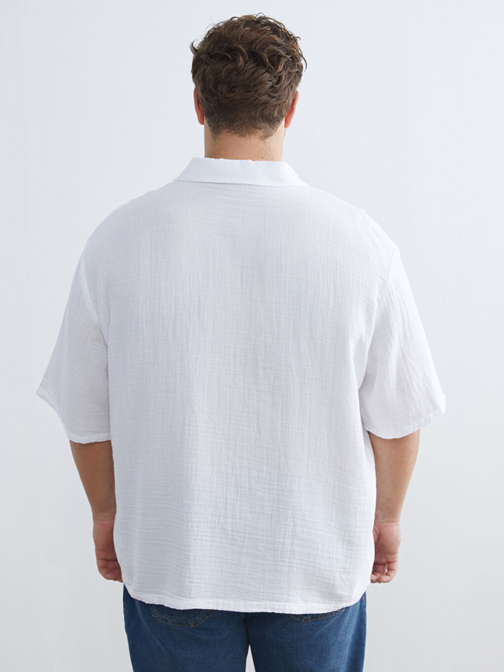 Beyaz Büyük Beden Resort Yaka Kısa Kollu Müslin Erkek Gömlek-3