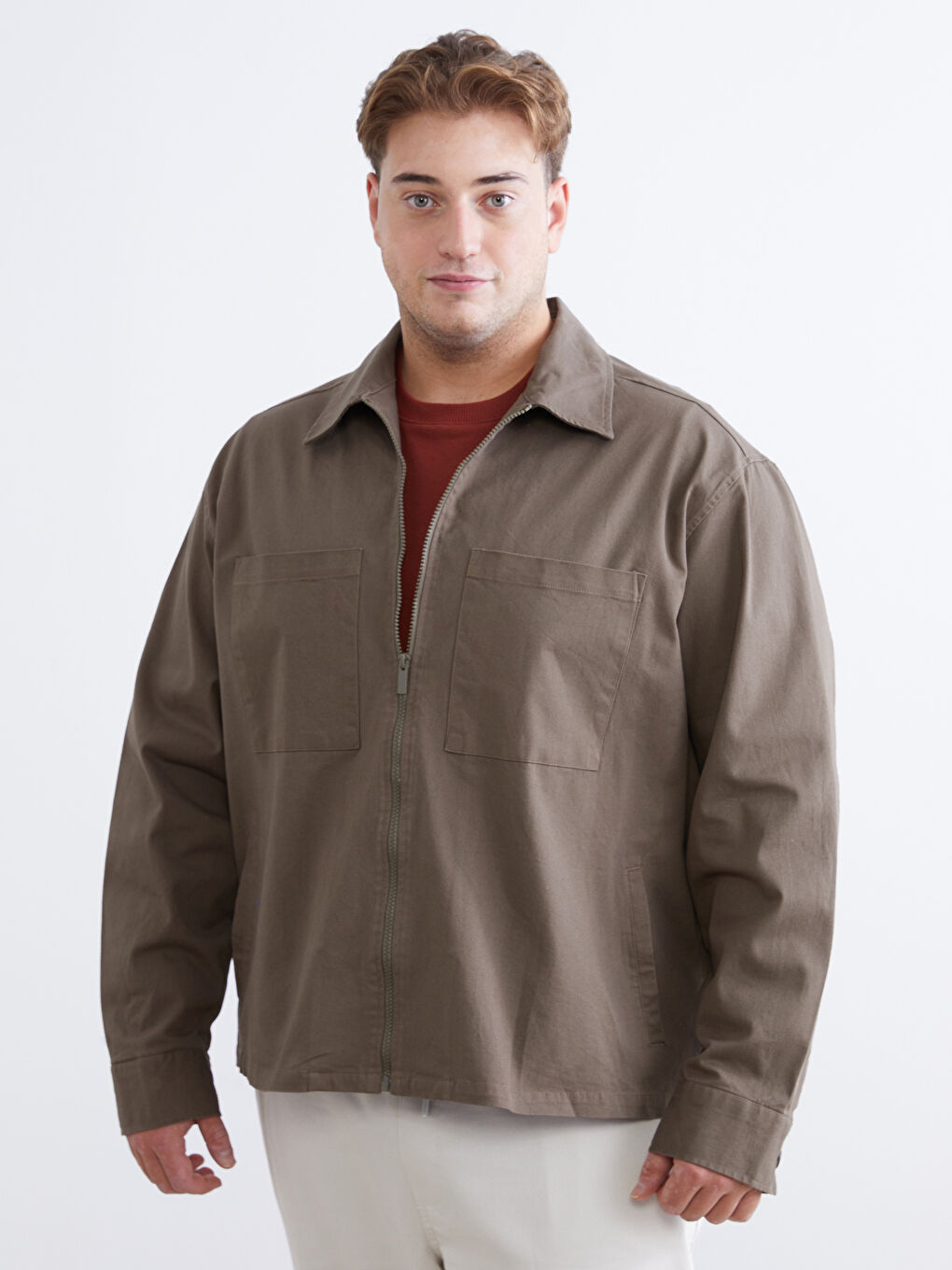 Haki Büyük Beden Rahat Kalıp Uzun Kollu Erkek Gömlek Ceket