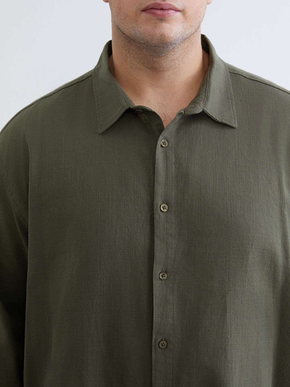 Haki Büyük Beden Regular Fit Uzun Kollu Keten Görünümlü Erkek Gömlek-2