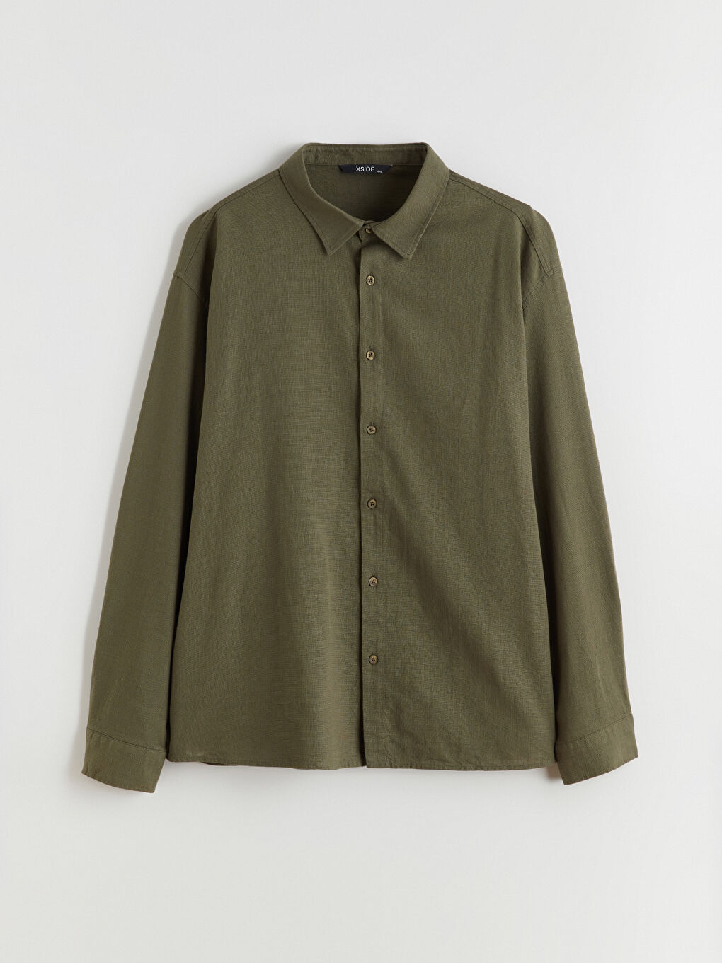 Haki Büyük Beden Regular Fit Uzun Kollu Keten Görünümlü Erkek Gömlek-4