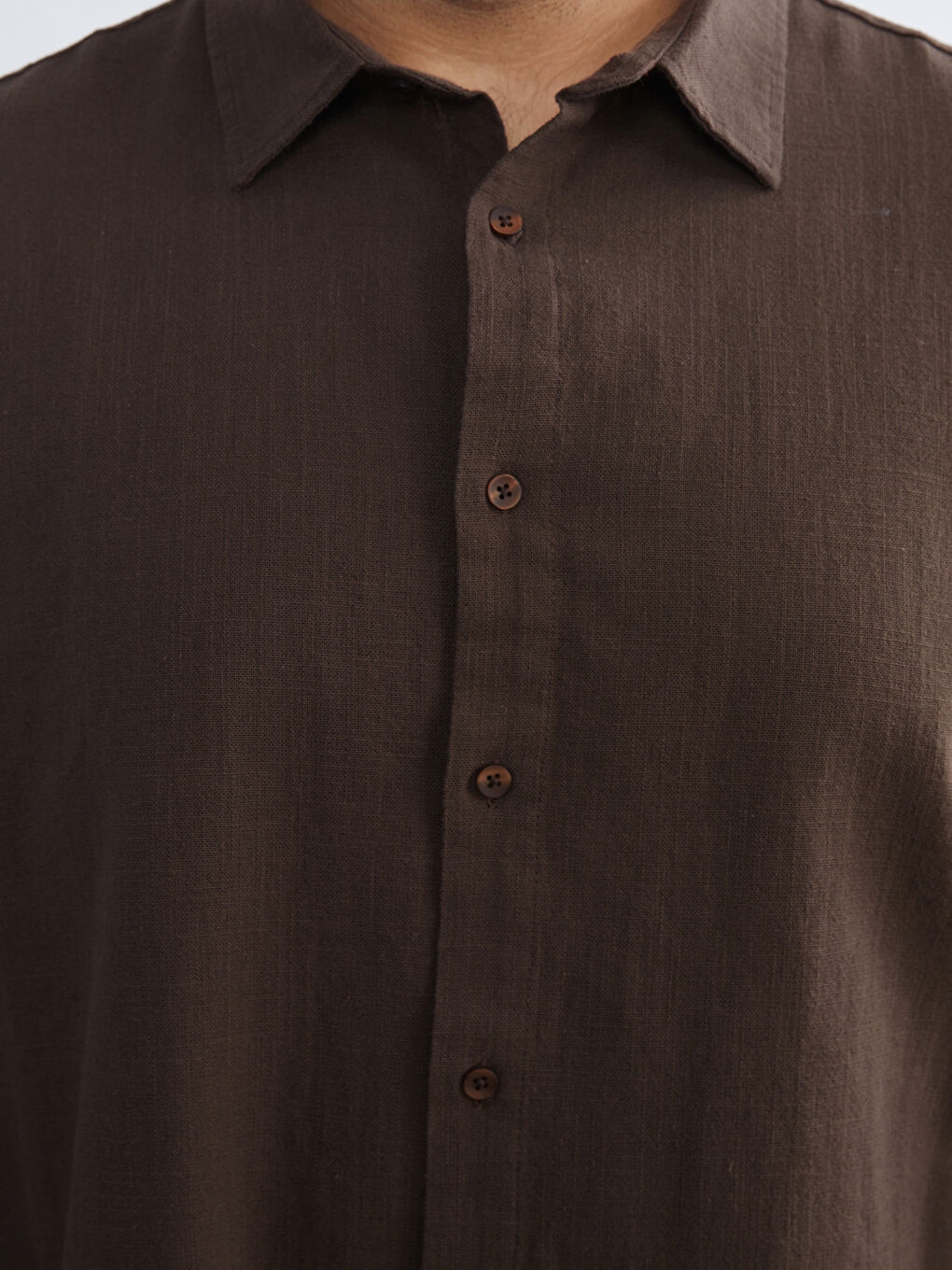Kahverengi Büyük Beden Regular Fit Uzun Kollu Keten Görünümlü Erkek Gömlek-2