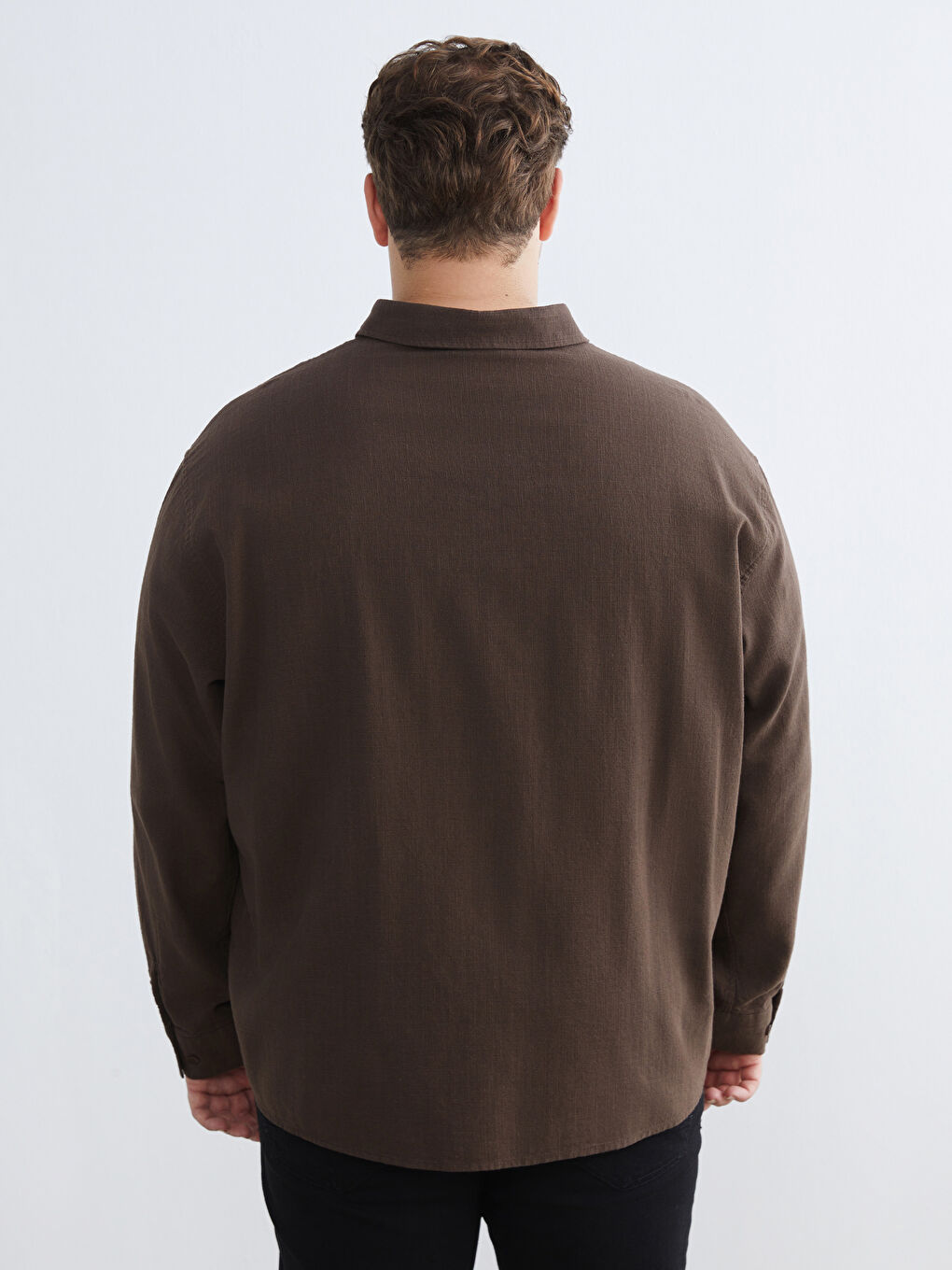 Kahverengi Büyük Beden Regular Fit Uzun Kollu Keten Görünümlü Erkek Gömlek-3