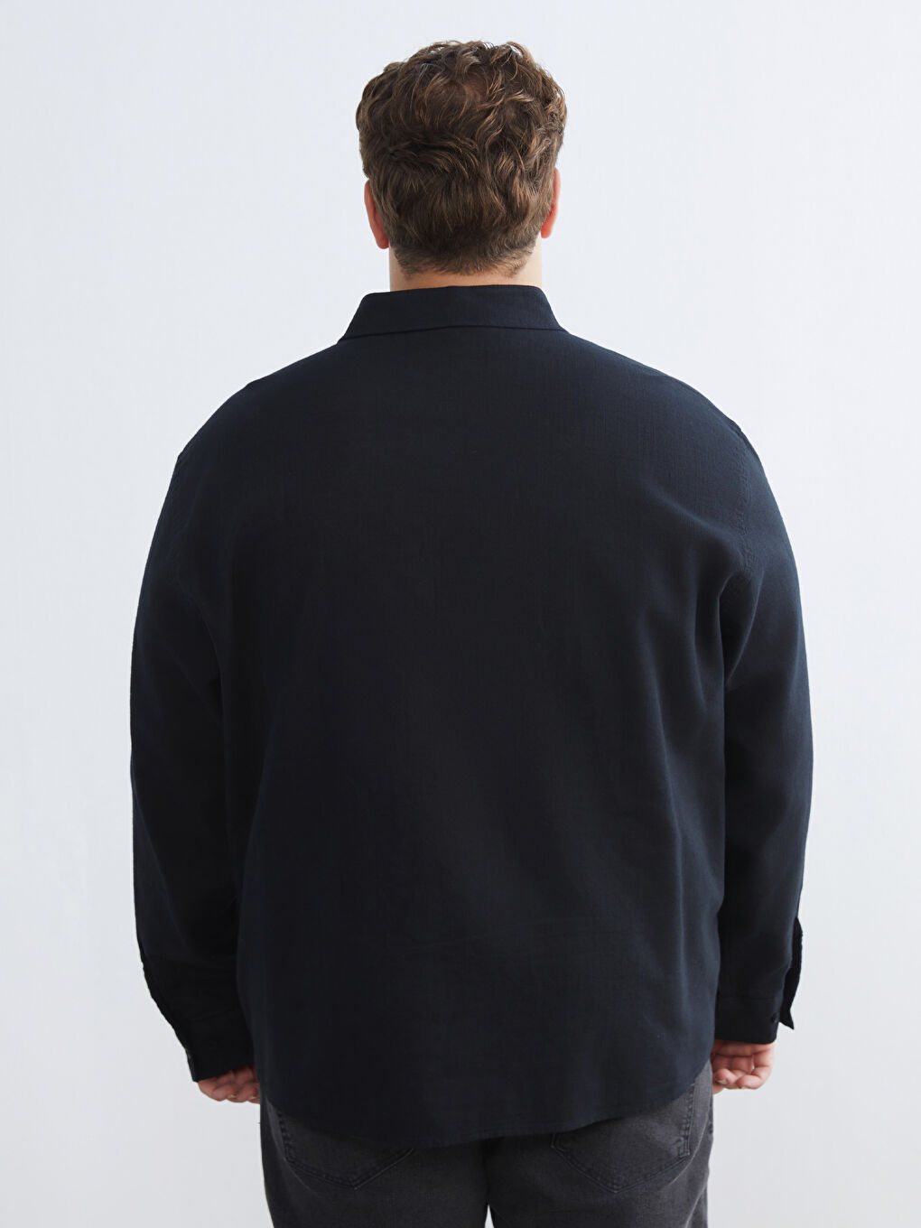 Siyah Büyük Beden Regular Fit Uzun Kollu Keten Görünümlü Erkek Gömlek-3